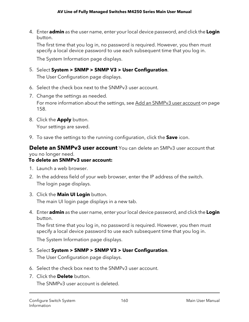 Delete an snmpv3 user account | NETGEAR AV Line M4250 GSM4210PX 8-Port Gigabit PoE+ Compliant Managed AV Switch with SFP (220W) User Manual | Page 160 / 826