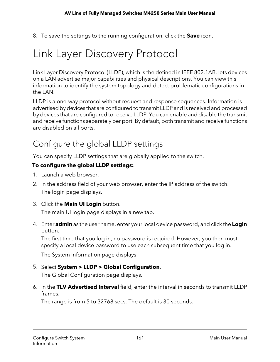 Link layer discovery protocol, Configure the global lldp settings | NETGEAR AV Line M4250 GSM4210PX 8-Port Gigabit PoE+ Compliant Managed AV Switch with SFP (220W) User Manual | Page 161 / 826