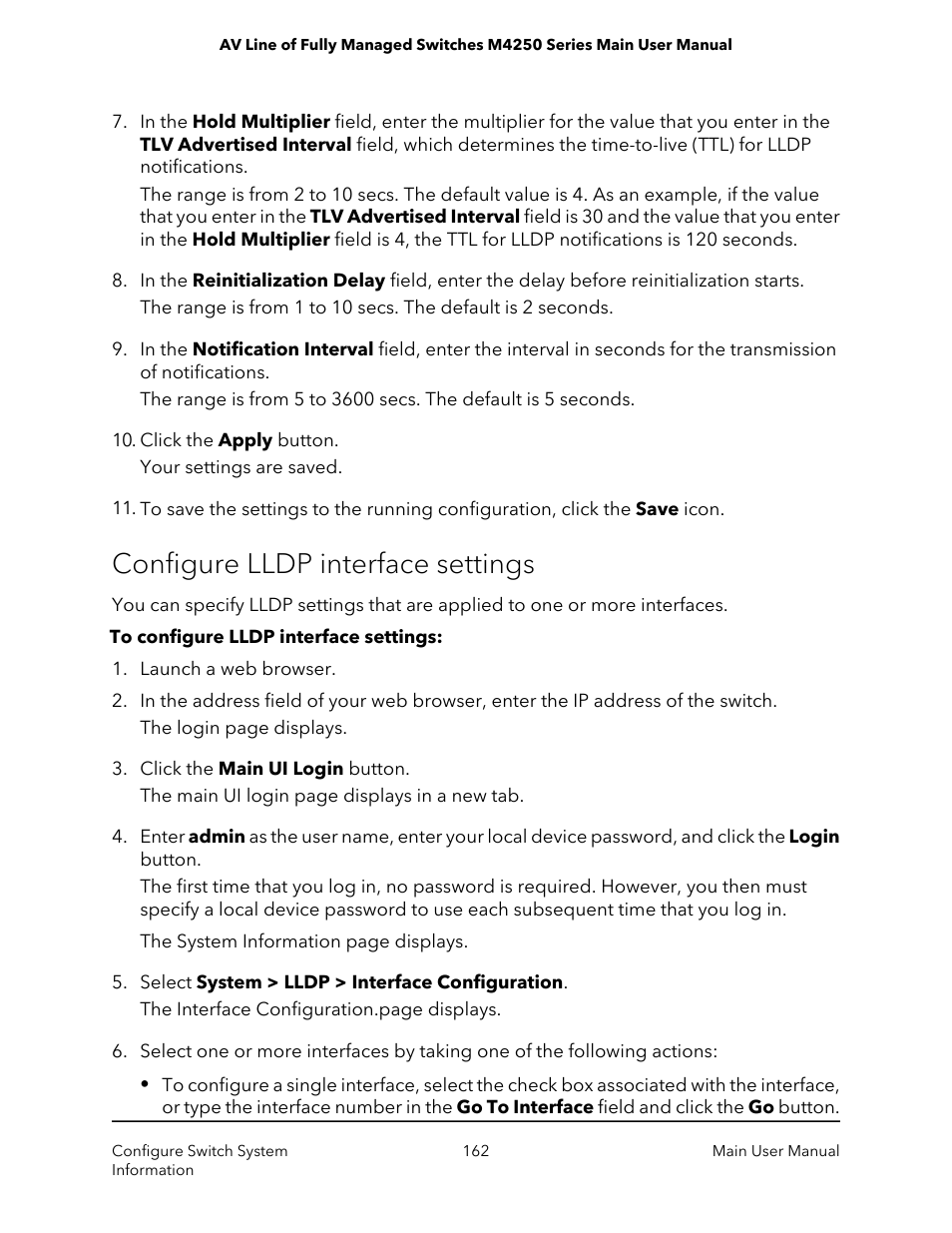 Configure lldp interface settings | NETGEAR AV Line M4250 GSM4210PX 8-Port Gigabit PoE+ Compliant Managed AV Switch with SFP (220W) User Manual | Page 162 / 826