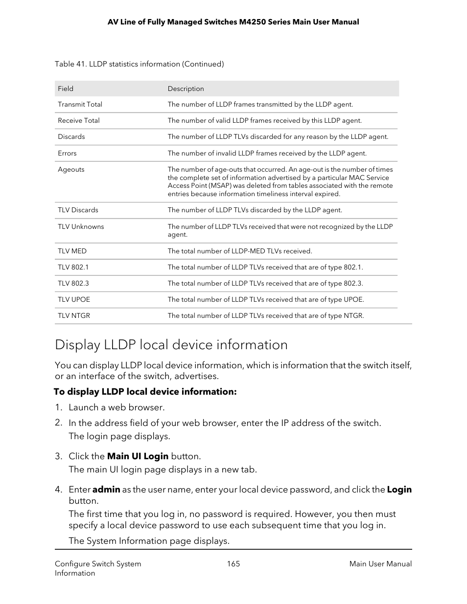 Display lldp local device information | NETGEAR AV Line M4250 GSM4210PX 8-Port Gigabit PoE+ Compliant Managed AV Switch with SFP (220W) User Manual | Page 165 / 826