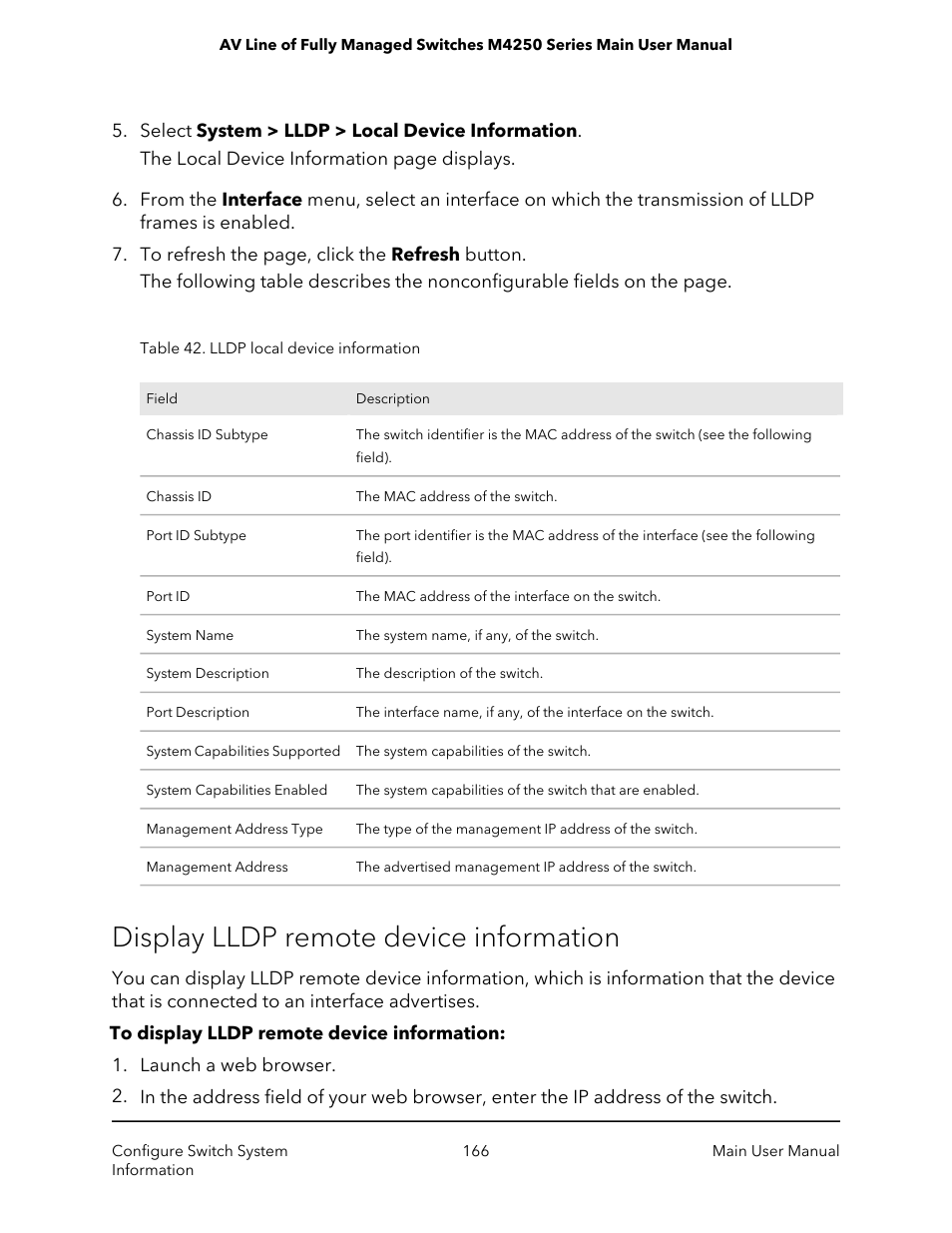 Display lldp remote device information | NETGEAR AV Line M4250 GSM4210PX 8-Port Gigabit PoE+ Compliant Managed AV Switch with SFP (220W) User Manual | Page 166 / 826