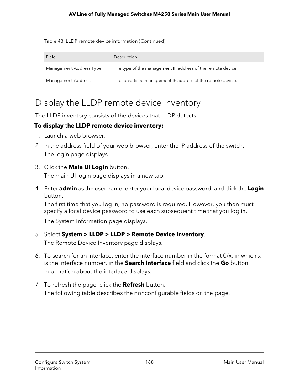 Display the lldp remote device inventory | NETGEAR AV Line M4250 GSM4210PX 8-Port Gigabit PoE+ Compliant Managed AV Switch with SFP (220W) User Manual | Page 168 / 826