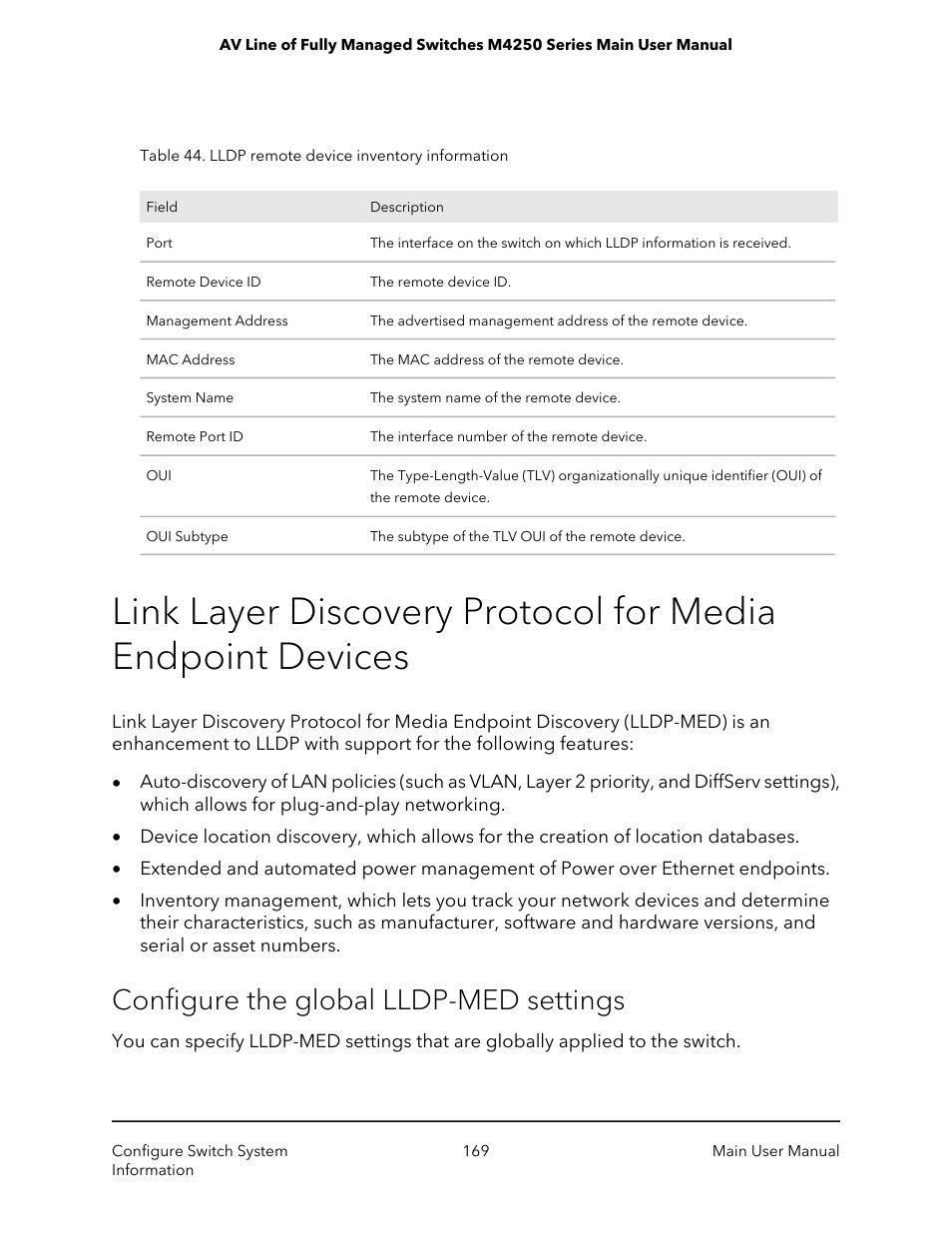 Configure the global lldp-med settings | NETGEAR AV Line M4250 GSM4210PX 8-Port Gigabit PoE+ Compliant Managed AV Switch with SFP (220W) User Manual | Page 169 / 826