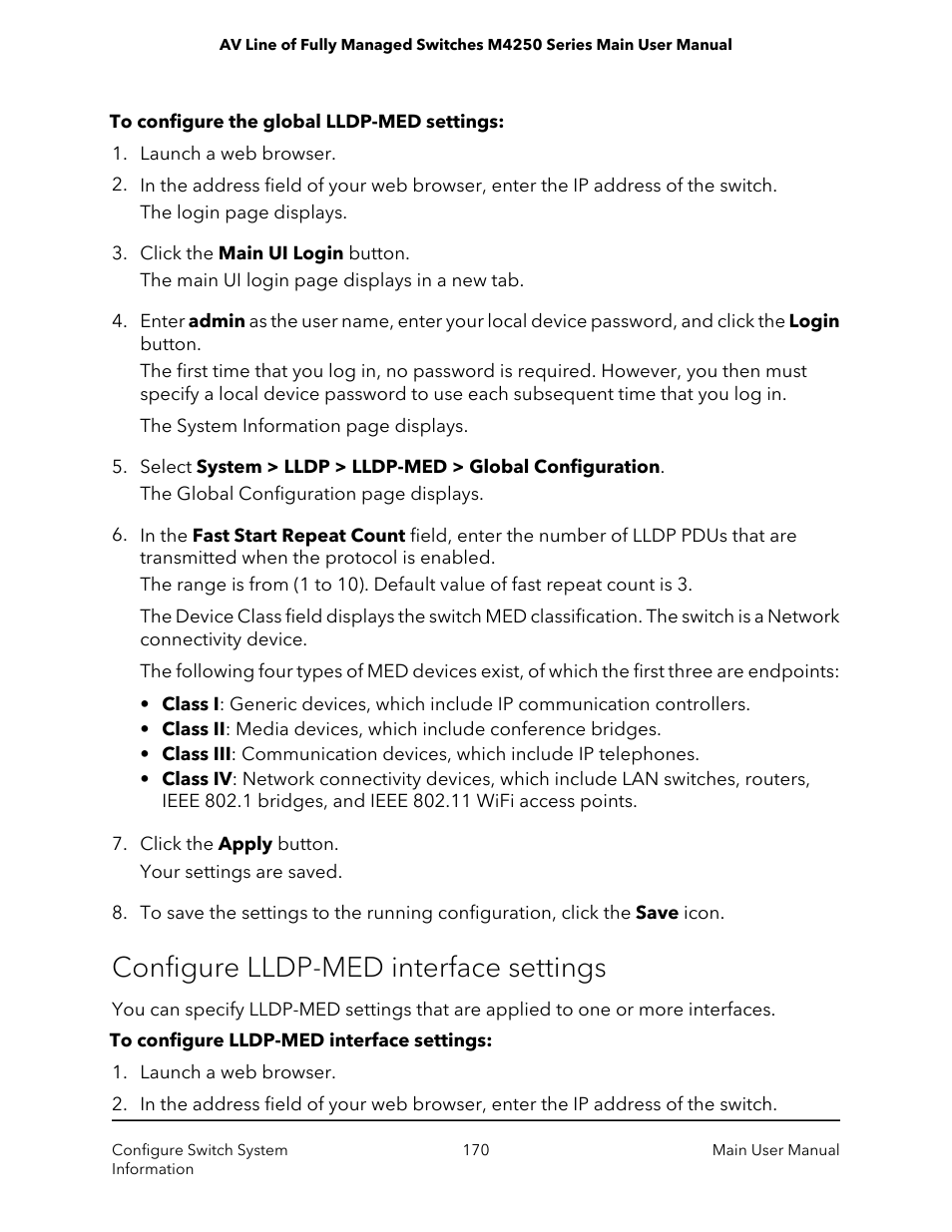 Configure lldp-med interface settings | NETGEAR AV Line M4250 GSM4210PX 8-Port Gigabit PoE+ Compliant Managed AV Switch with SFP (220W) User Manual | Page 170 / 826