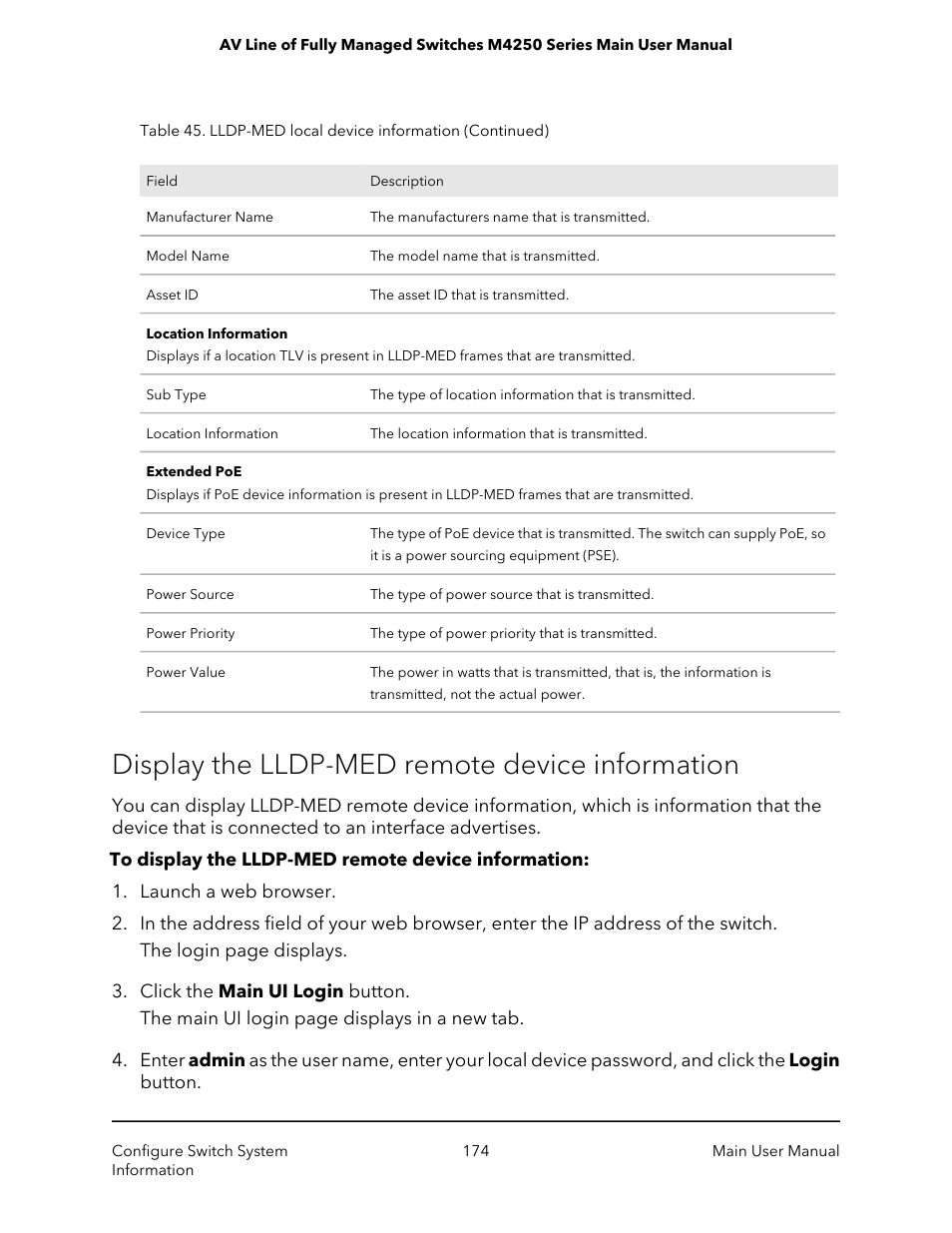 Display the lldp-med remote device information | NETGEAR AV Line M4250 GSM4210PX 8-Port Gigabit PoE+ Compliant Managed AV Switch with SFP (220W) User Manual | Page 174 / 826