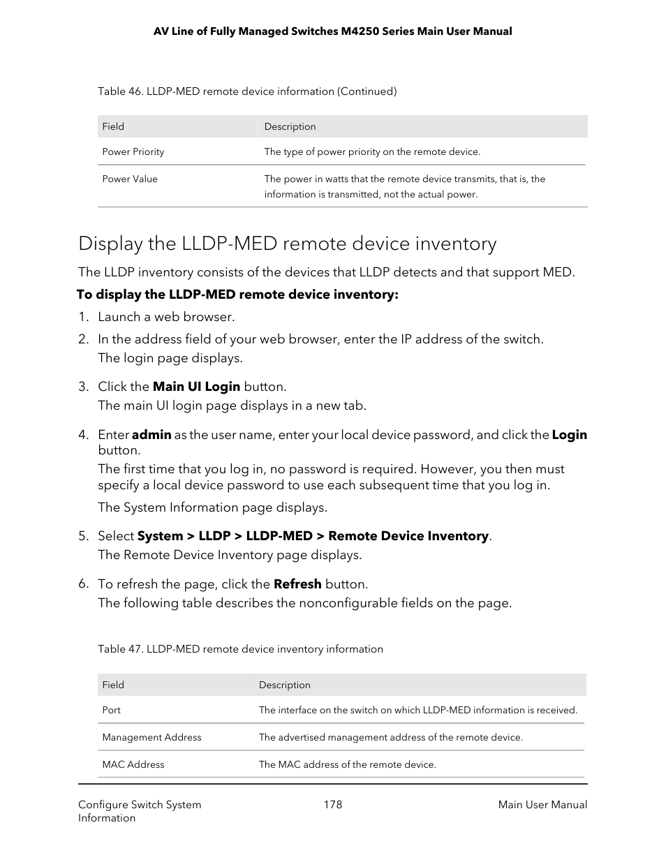 Display the lldp-med remote device inventory | NETGEAR AV Line M4250 GSM4210PX 8-Port Gigabit PoE+ Compliant Managed AV Switch with SFP (220W) User Manual | Page 178 / 826