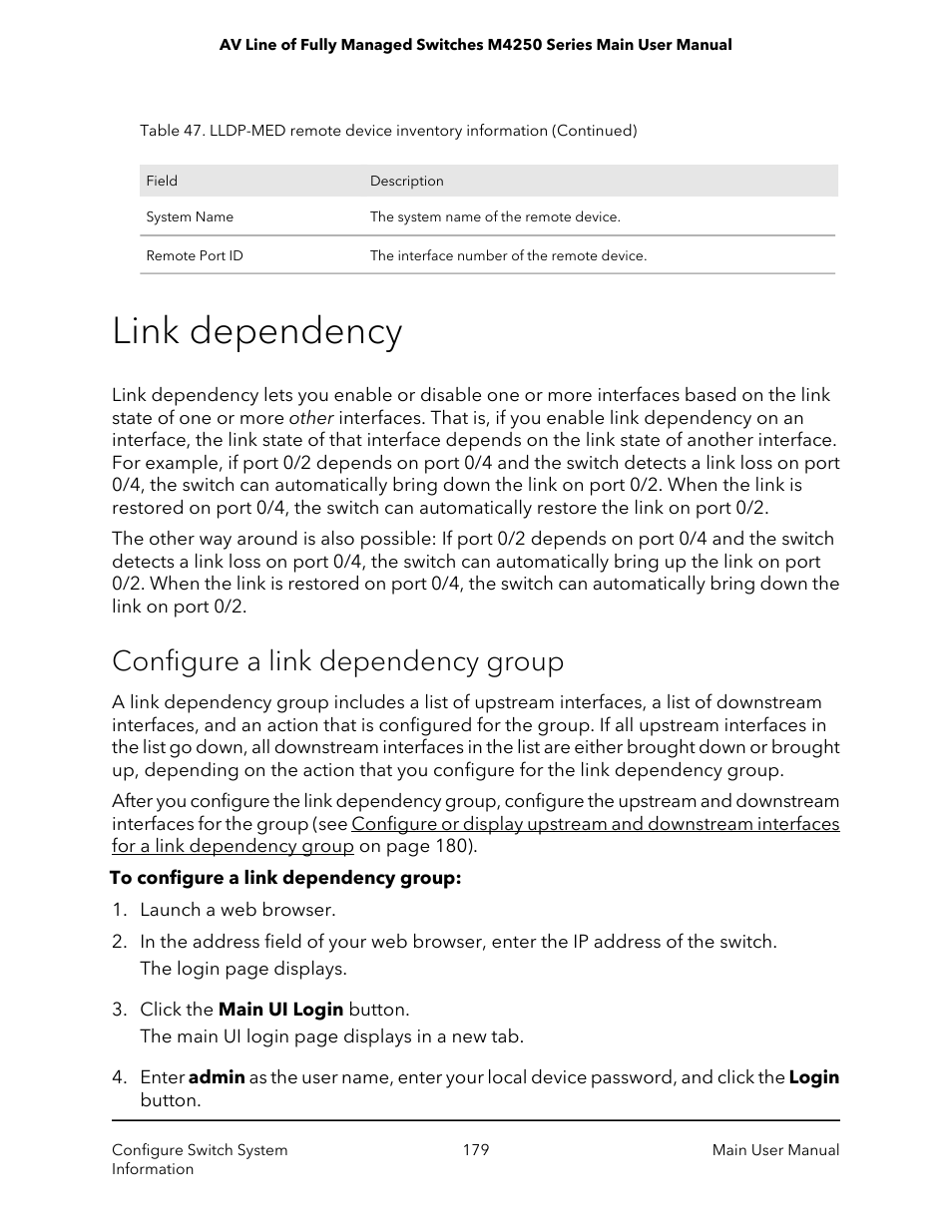 Link dependency, Configure a link dependency group | NETGEAR AV Line M4250 GSM4210PX 8-Port Gigabit PoE+ Compliant Managed AV Switch with SFP (220W) User Manual | Page 179 / 826