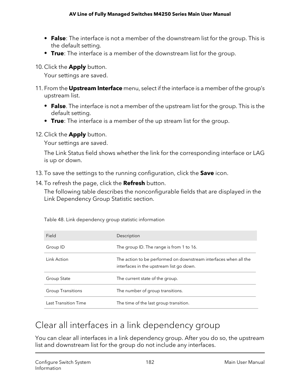 Clear all interfaces in a link dependency group | NETGEAR AV Line M4250 GSM4210PX 8-Port Gigabit PoE+ Compliant Managed AV Switch with SFP (220W) User Manual | Page 182 / 826