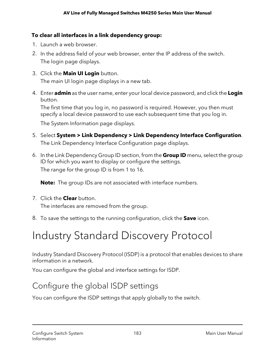 Industry standard discovery protocol, Configure the global isdp settings | NETGEAR AV Line M4250 GSM4210PX 8-Port Gigabit PoE+ Compliant Managed AV Switch with SFP (220W) User Manual | Page 183 / 826