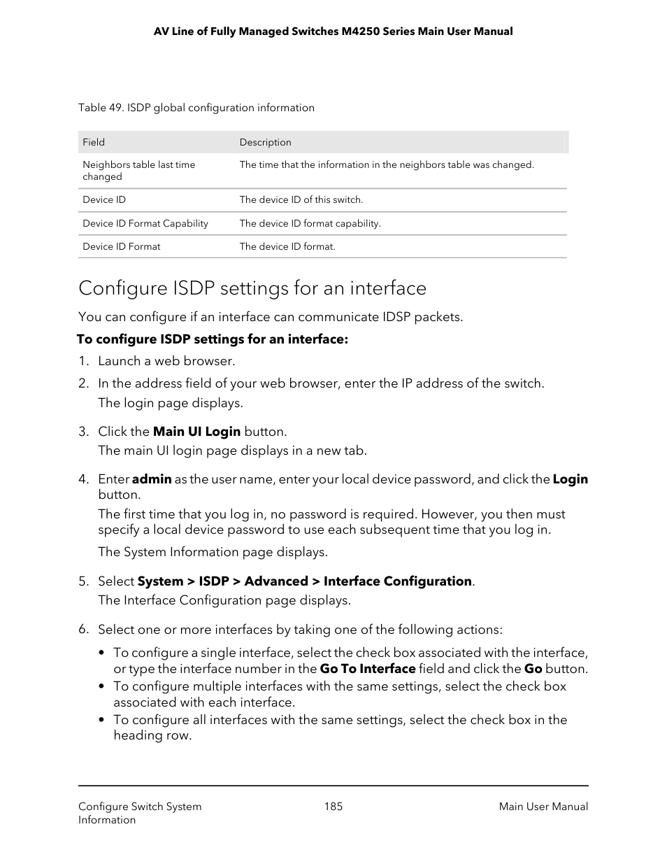 Configure isdp settings for an interface | NETGEAR AV Line M4250 GSM4210PX 8-Port Gigabit PoE+ Compliant Managed AV Switch with SFP (220W) User Manual | Page 185 / 826