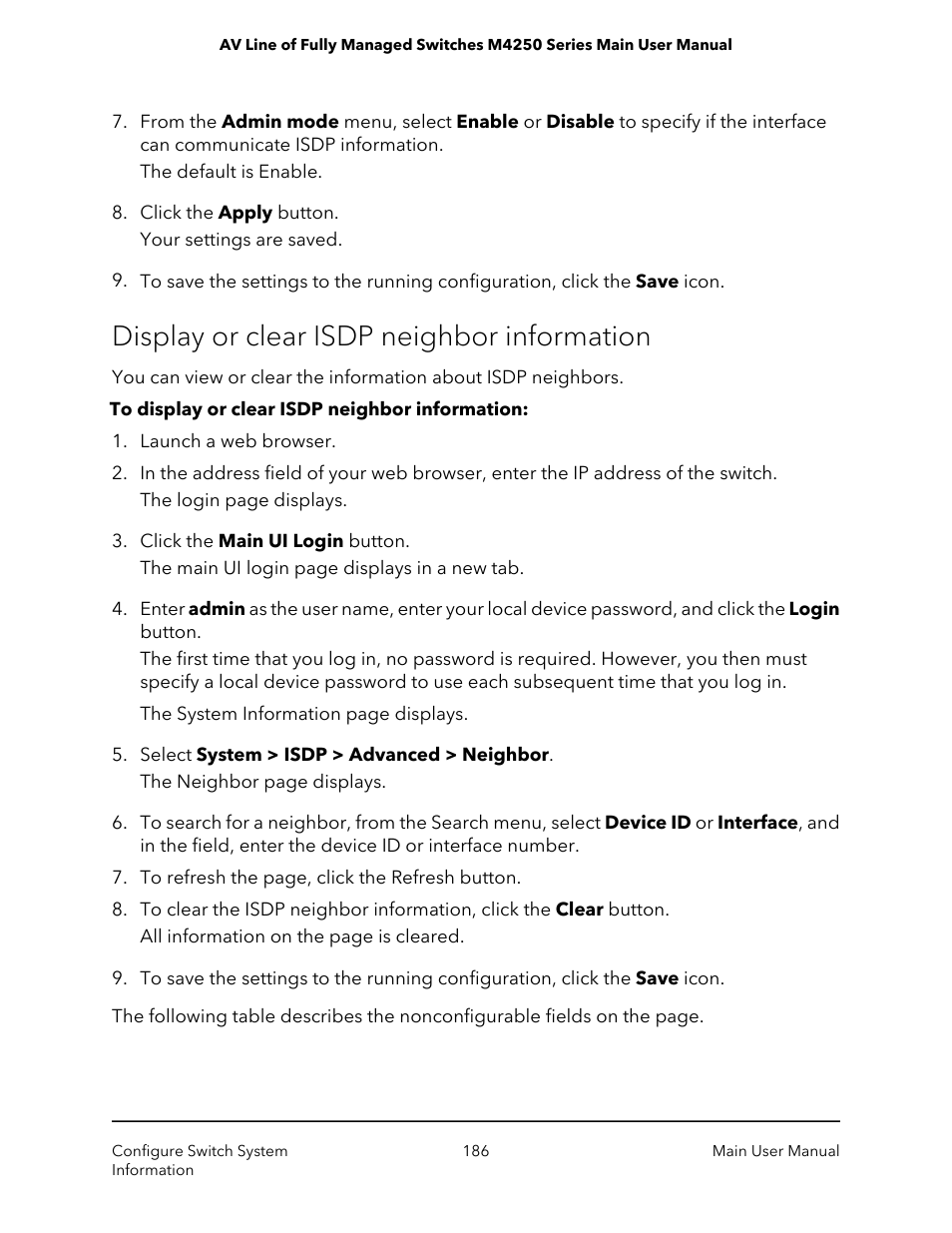 Display or clear isdp neighbor information | NETGEAR AV Line M4250 GSM4210PX 8-Port Gigabit PoE+ Compliant Managed AV Switch with SFP (220W) User Manual | Page 186 / 826