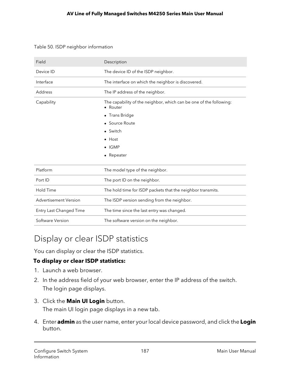 Display or clear isdp statistics | NETGEAR AV Line M4250 GSM4210PX 8-Port Gigabit PoE+ Compliant Managed AV Switch with SFP (220W) User Manual | Page 187 / 826