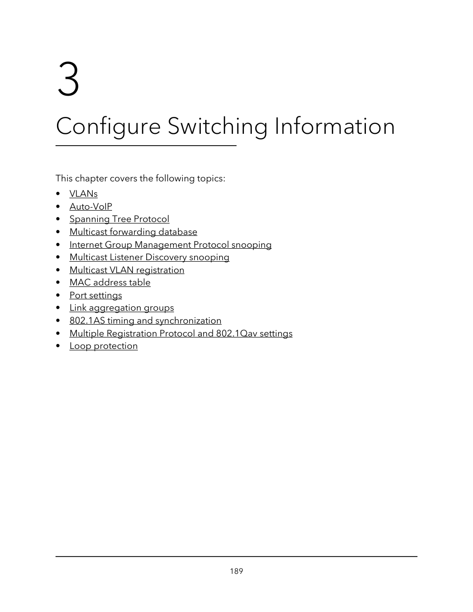 Configure switching information, Chapter 3 configure switching information | NETGEAR AV Line M4250 GSM4210PX 8-Port Gigabit PoE+ Compliant Managed AV Switch with SFP (220W) User Manual | Page 189 / 826