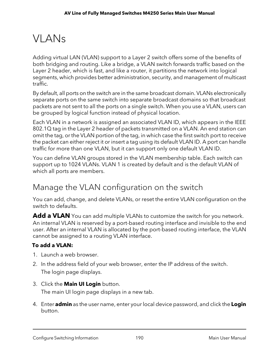 Vlans, Manage the vlan configuration on the switch, Add a vlan | NETGEAR AV Line M4250 GSM4210PX 8-Port Gigabit PoE+ Compliant Managed AV Switch with SFP (220W) User Manual | Page 190 / 826