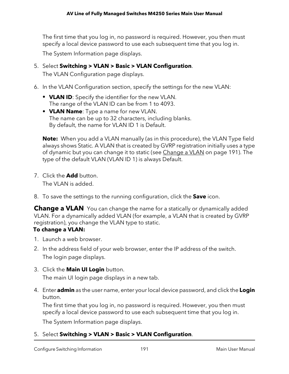 Change a vlan | NETGEAR AV Line M4250 GSM4210PX 8-Port Gigabit PoE+ Compliant Managed AV Switch with SFP (220W) User Manual | Page 191 / 826