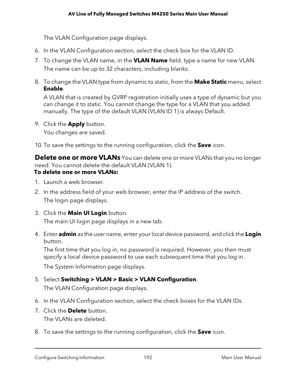 Delete one or more vlans | NETGEAR AV Line M4250 GSM4210PX 8-Port Gigabit PoE+ Compliant Managed AV Switch with SFP (220W) User Manual | Page 192 / 826