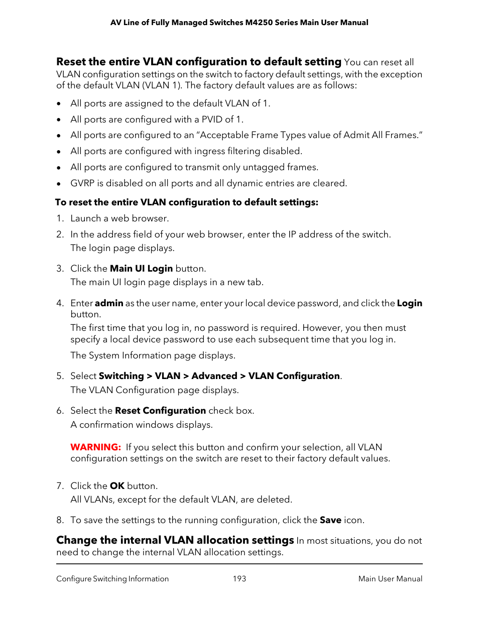 Change the internal vlan allocation settings | NETGEAR AV Line M4250 GSM4210PX 8-Port Gigabit PoE+ Compliant Managed AV Switch with SFP (220W) User Manual | Page 193 / 826