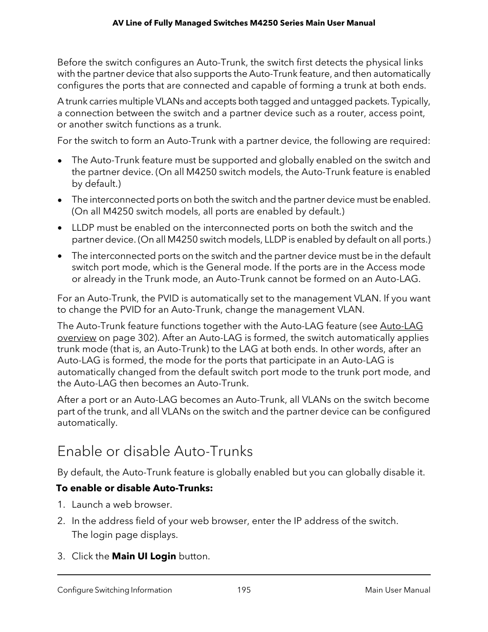 Enable or disable auto-trunks | NETGEAR AV Line M4250 GSM4210PX 8-Port Gigabit PoE+ Compliant Managed AV Switch with SFP (220W) User Manual | Page 195 / 826