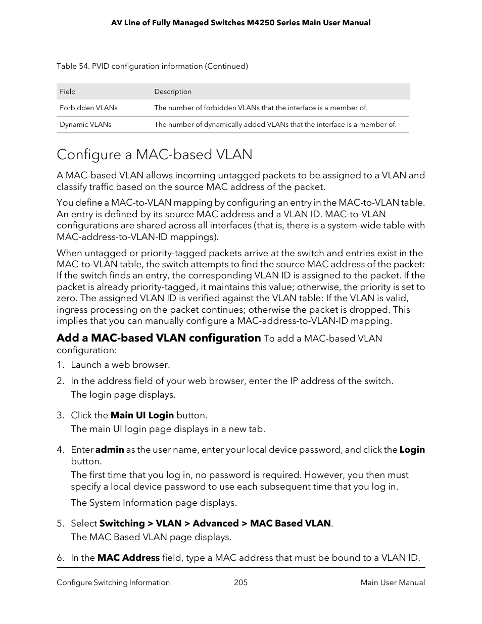 Configure a mac-based vlan, Add a mac-based vlan configuration | NETGEAR AV Line M4250 GSM4210PX 8-Port Gigabit PoE+ Compliant Managed AV Switch with SFP (220W) User Manual | Page 205 / 826