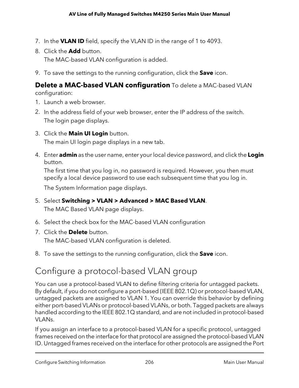 Delete a mac-based vlan configuration, Configure a protocol-based vlan group | NETGEAR AV Line M4250 GSM4210PX 8-Port Gigabit PoE+ Compliant Managed AV Switch with SFP (220W) User Manual | Page 206 / 826