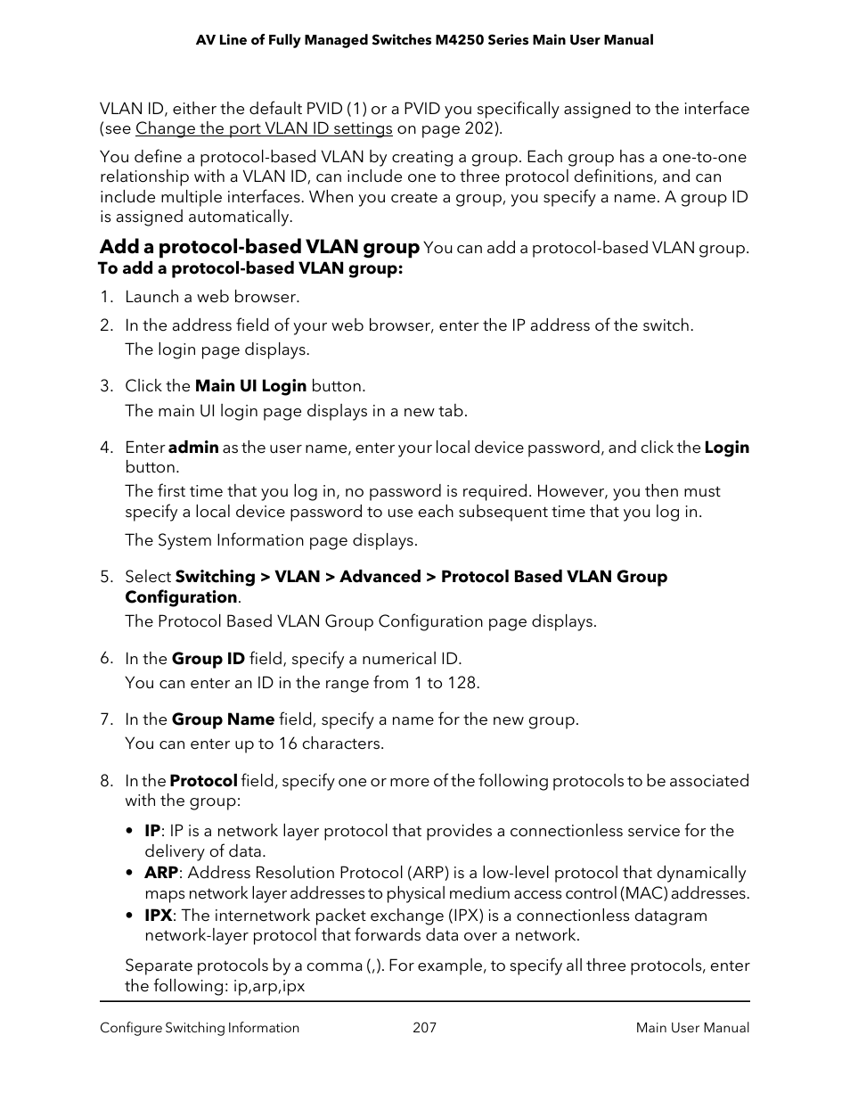 Add a protocol-based vlan group | NETGEAR AV Line M4250 GSM4210PX 8-Port Gigabit PoE+ Compliant Managed AV Switch with SFP (220W) User Manual | Page 207 / 826