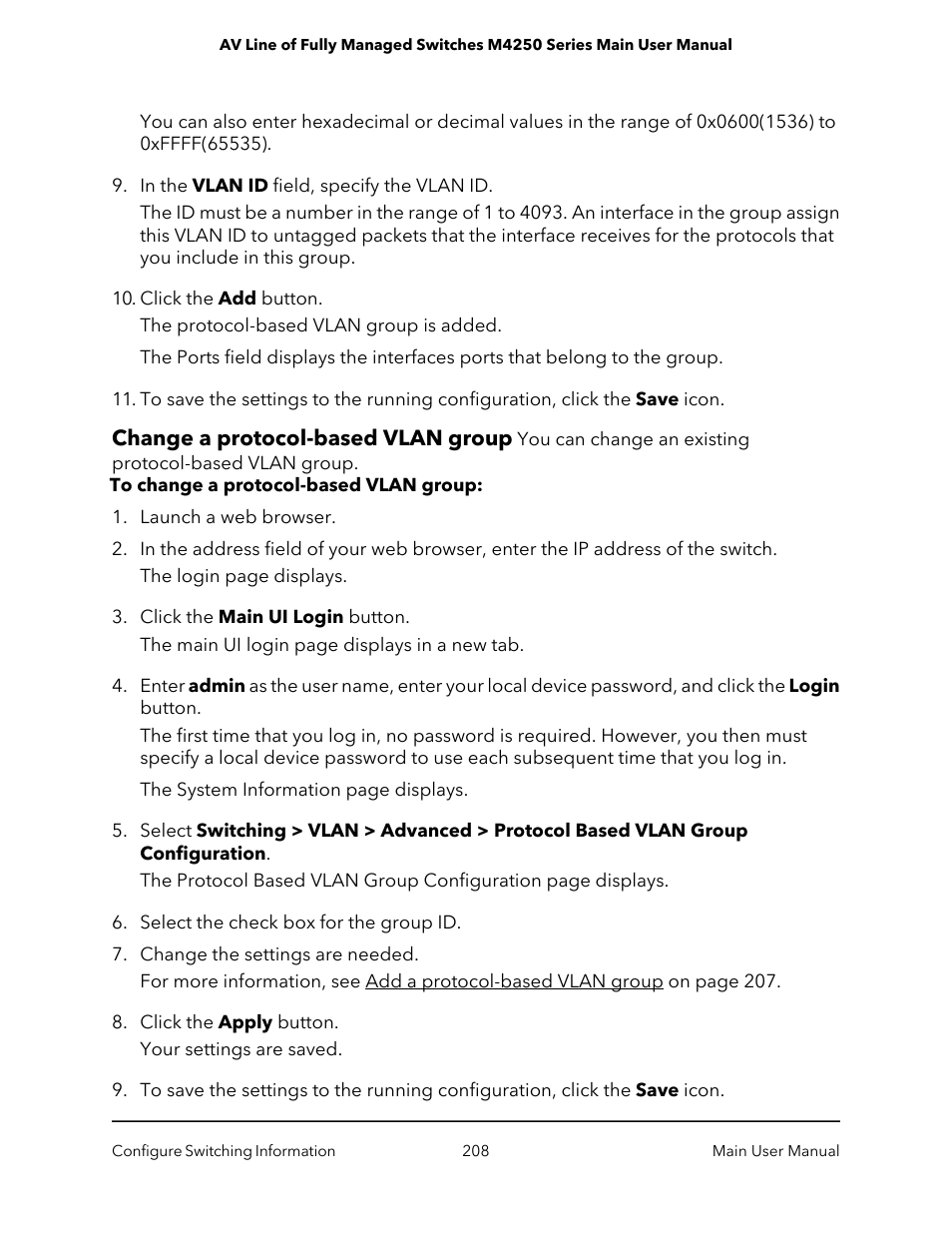 Change a protocol-based vlan group | NETGEAR AV Line M4250 GSM4210PX 8-Port Gigabit PoE+ Compliant Managed AV Switch with SFP (220W) User Manual | Page 208 / 826