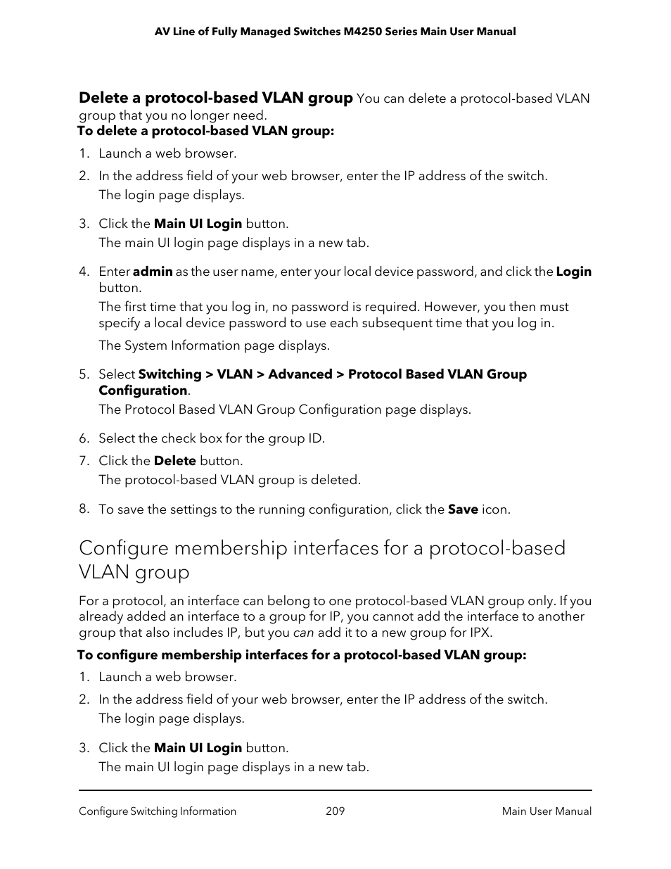 Delete a protocol-based vlan group | NETGEAR AV Line M4250 GSM4210PX 8-Port Gigabit PoE+ Compliant Managed AV Switch with SFP (220W) User Manual | Page 209 / 826