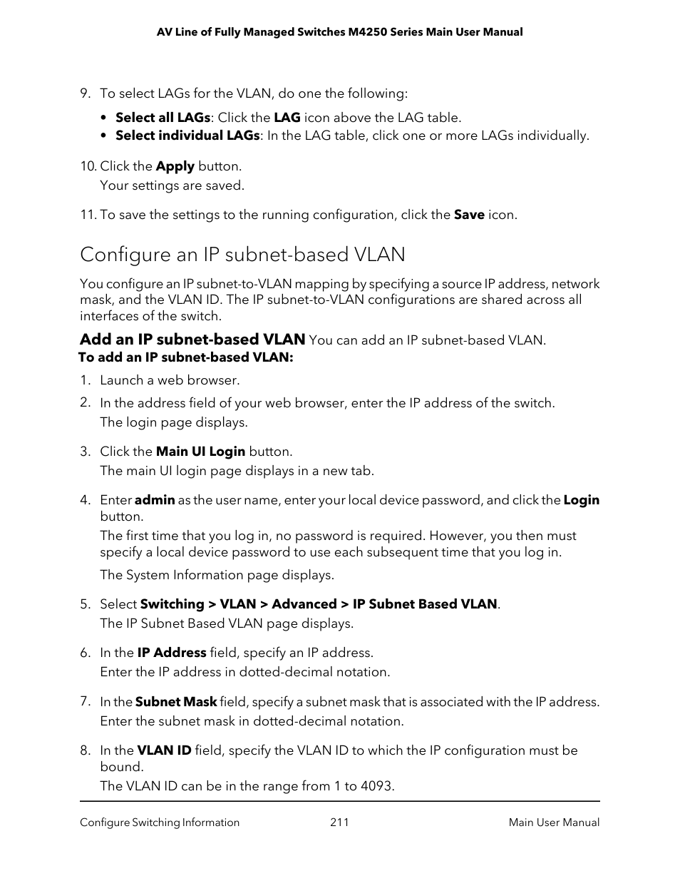 Configure an ip subnet-based vlan, Add an ip subnet-based vlan | NETGEAR AV Line M4250 GSM4210PX 8-Port Gigabit PoE+ Compliant Managed AV Switch with SFP (220W) User Manual | Page 211 / 826