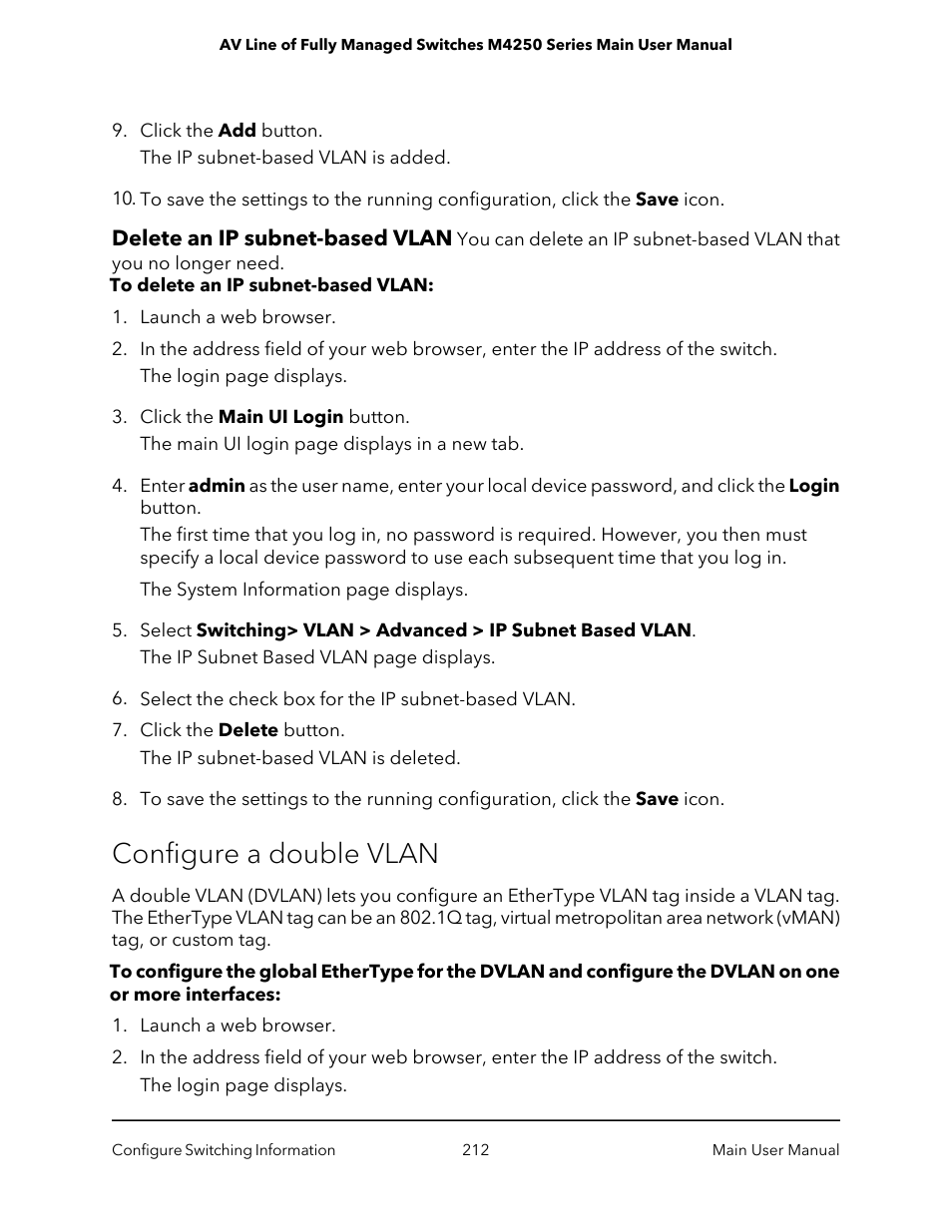 Delete an ip subnet-based vlan, Configure a double vlan | NETGEAR AV Line M4250 GSM4210PX 8-Port Gigabit PoE+ Compliant Managed AV Switch with SFP (220W) User Manual | Page 212 / 826