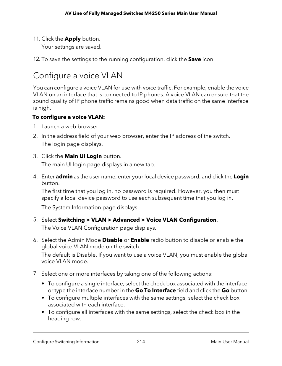 Configure a voice vlan | NETGEAR AV Line M4250 GSM4210PX 8-Port Gigabit PoE+ Compliant Managed AV Switch with SFP (220W) User Manual | Page 214 / 826