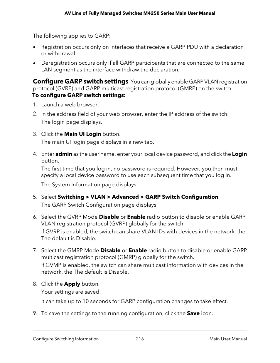 Configure garp switch settings | NETGEAR AV Line M4250 GSM4210PX 8-Port Gigabit PoE+ Compliant Managed AV Switch with SFP (220W) User Manual | Page 216 / 826