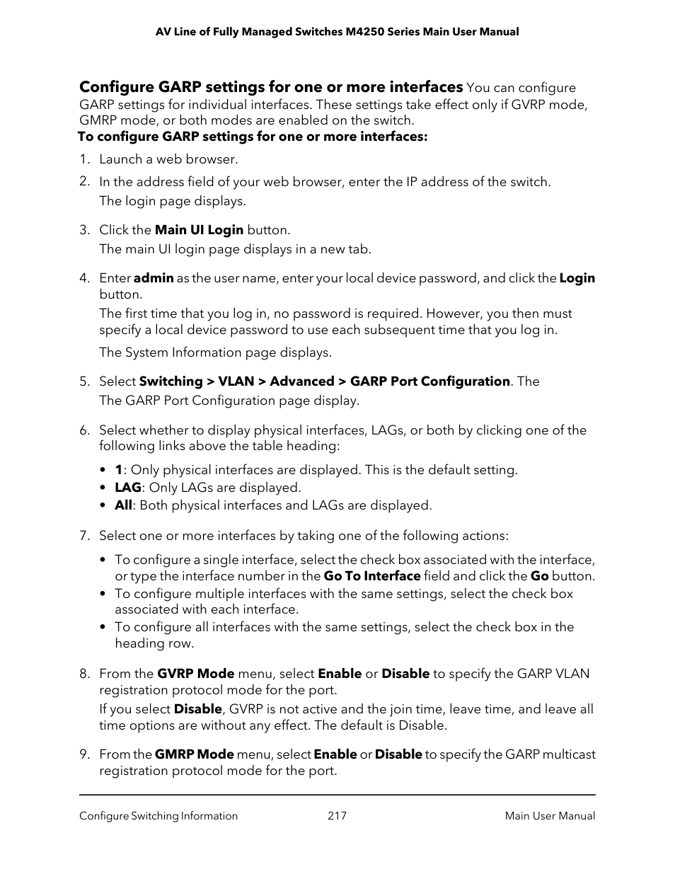 Configure garp settings for one or more interfaces | NETGEAR AV Line M4250 GSM4210PX 8-Port Gigabit PoE+ Compliant Managed AV Switch with SFP (220W) User Manual | Page 217 / 826