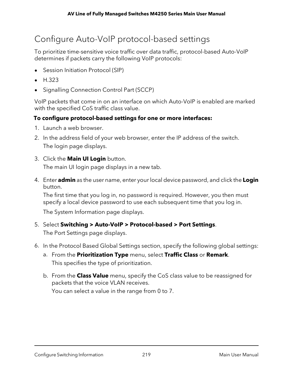 Configure auto-voip protocol-based settings | NETGEAR AV Line M4250 GSM4210PX 8-Port Gigabit PoE+ Compliant Managed AV Switch with SFP (220W) User Manual | Page 219 / 826