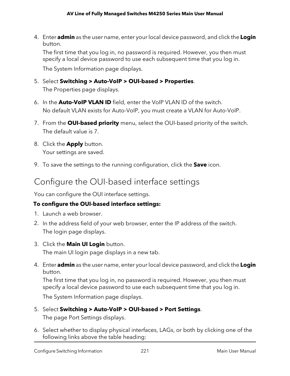 Configure the oui-based interface settings | NETGEAR AV Line M4250 GSM4210PX 8-Port Gigabit PoE+ Compliant Managed AV Switch with SFP (220W) User Manual | Page 221 / 826