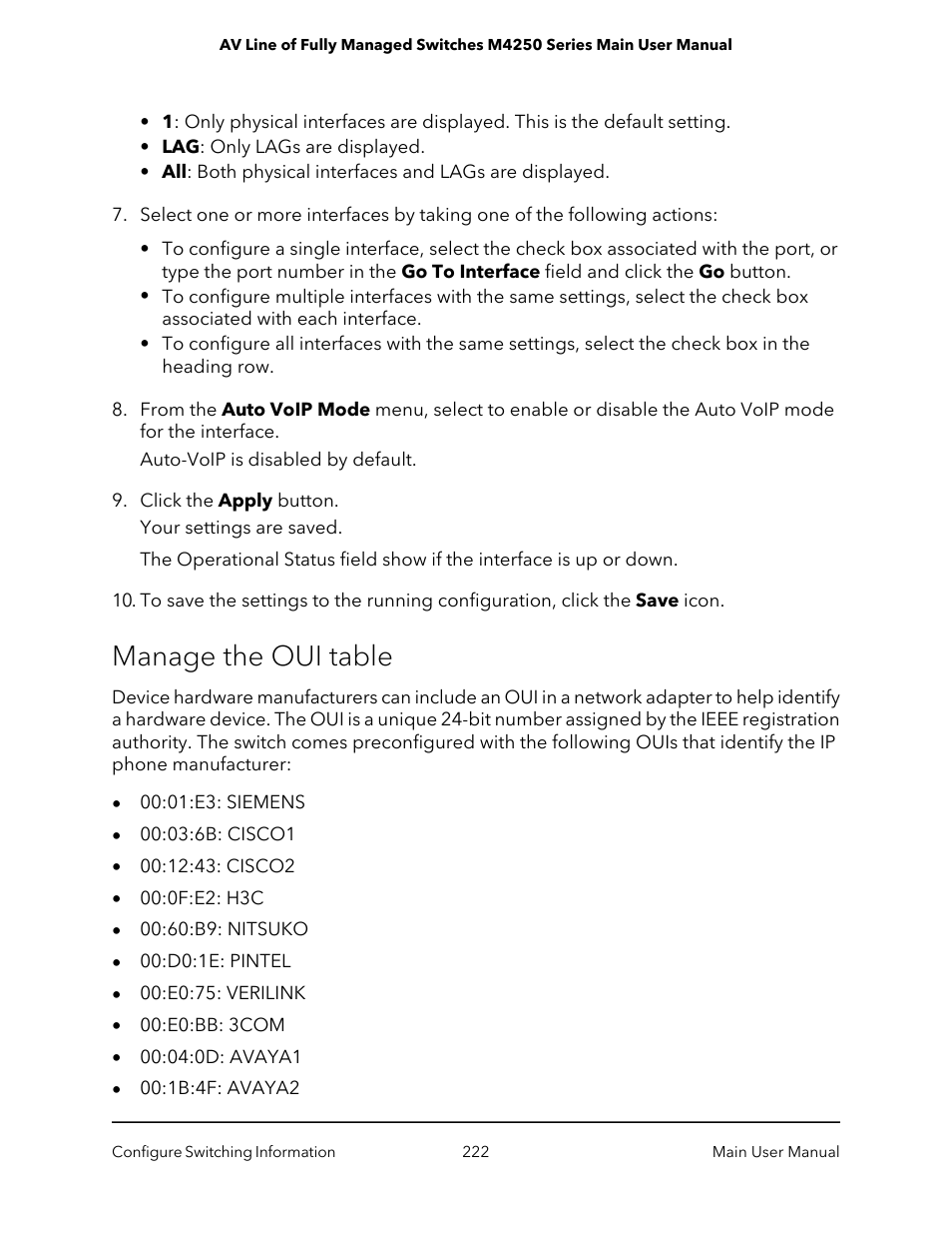 Manage the oui table | NETGEAR AV Line M4250 GSM4210PX 8-Port Gigabit PoE+ Compliant Managed AV Switch with SFP (220W) User Manual | Page 222 / 826