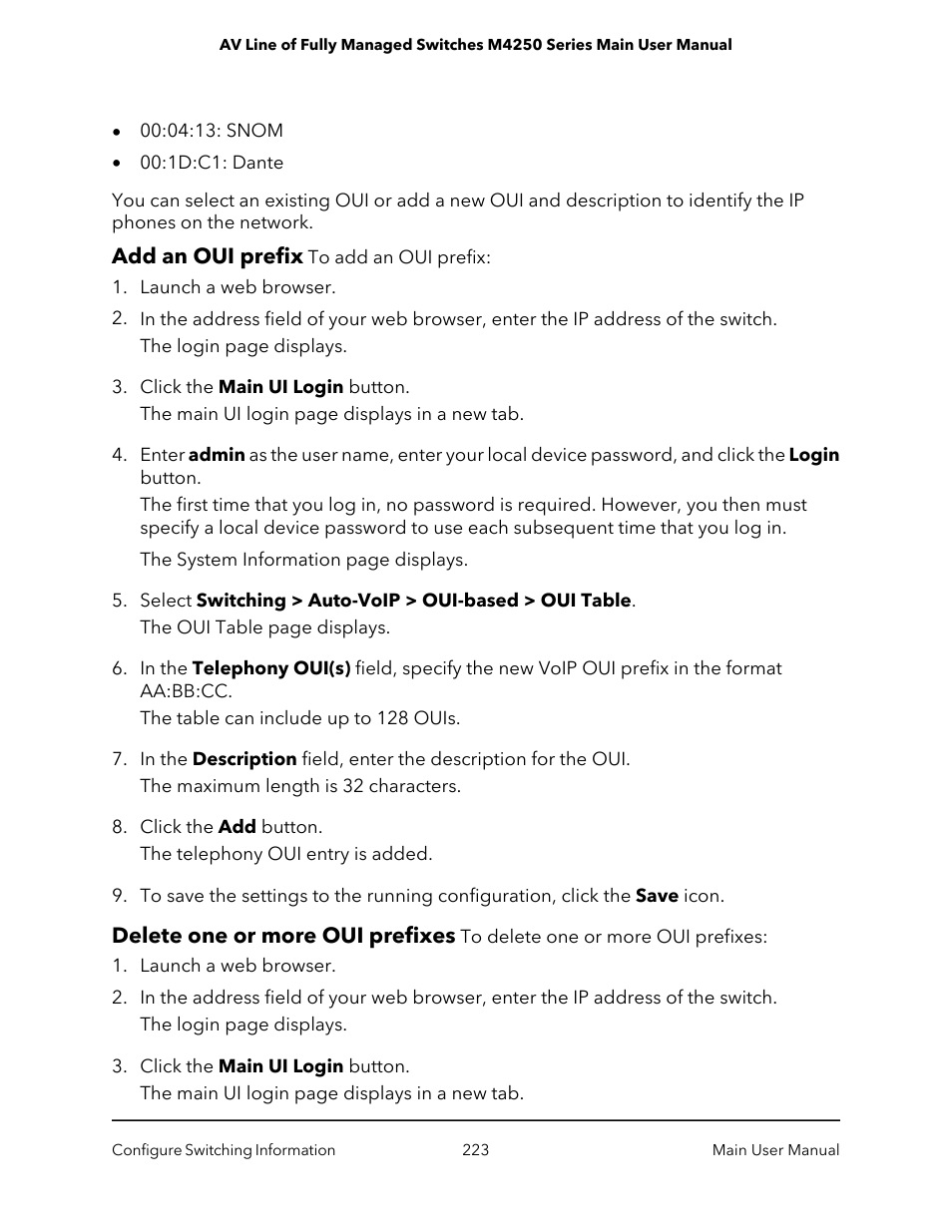 Add an oui prefix, Delete one or more oui prefixes, Add an oui prefix delete one or more oui prefixes | NETGEAR AV Line M4250 GSM4210PX 8-Port Gigabit PoE+ Compliant Managed AV Switch with SFP (220W) User Manual | Page 223 / 826