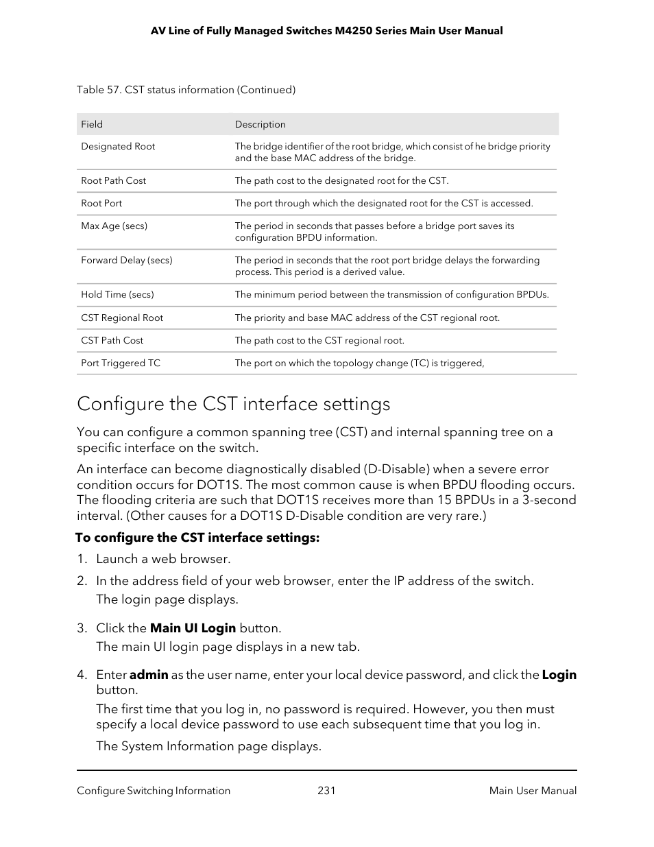 Configure the cst interface settings | NETGEAR AV Line M4250 GSM4210PX 8-Port Gigabit PoE+ Compliant Managed AV Switch with SFP (220W) User Manual | Page 231 / 826