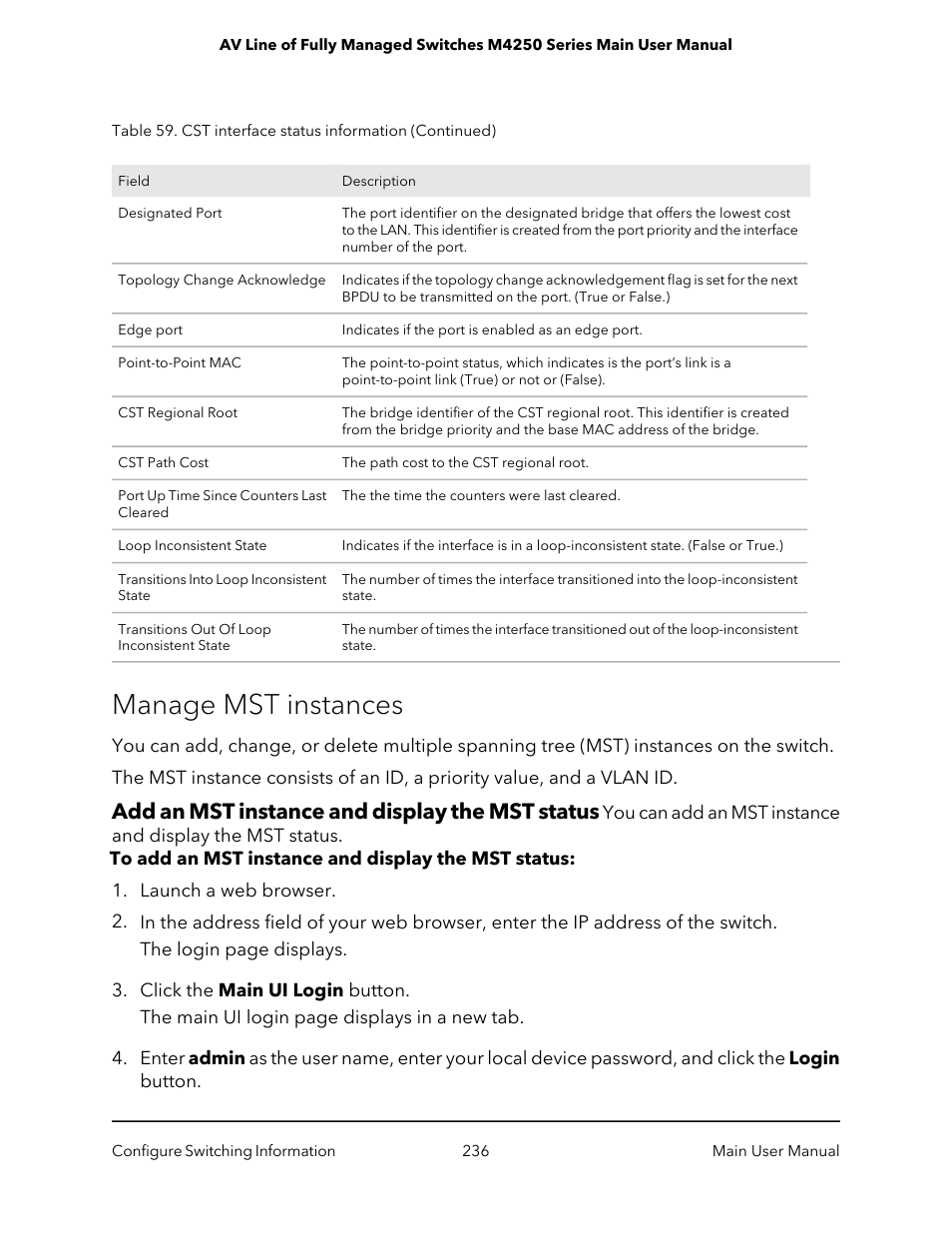 Manage mst instances, Add an mst instance and display the mst status | NETGEAR AV Line M4250 GSM4210PX 8-Port Gigabit PoE+ Compliant Managed AV Switch with SFP (220W) User Manual | Page 236 / 826