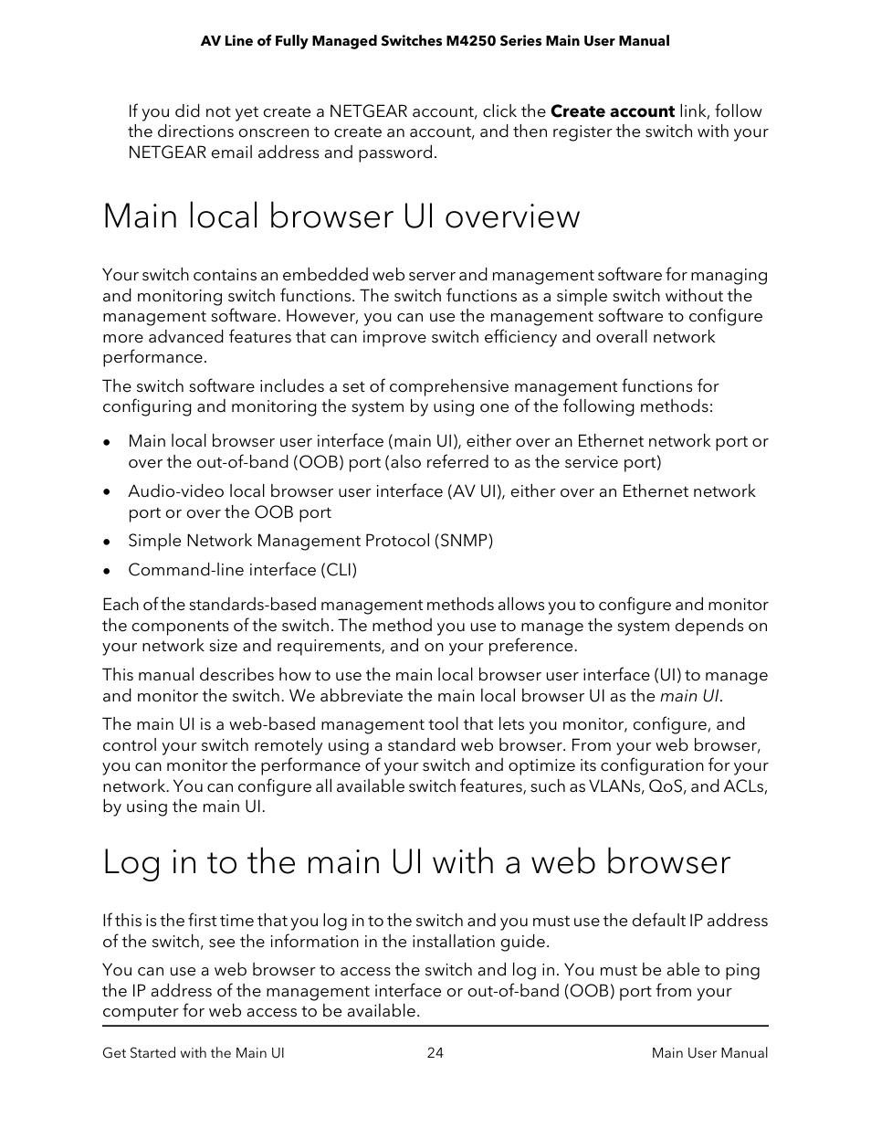 Main local browser ui overview, Log in to the main ui with a web browser | NETGEAR AV Line M4250 GSM4210PX 8-Port Gigabit PoE+ Compliant Managed AV Switch with SFP (220W) User Manual | Page 24 / 826