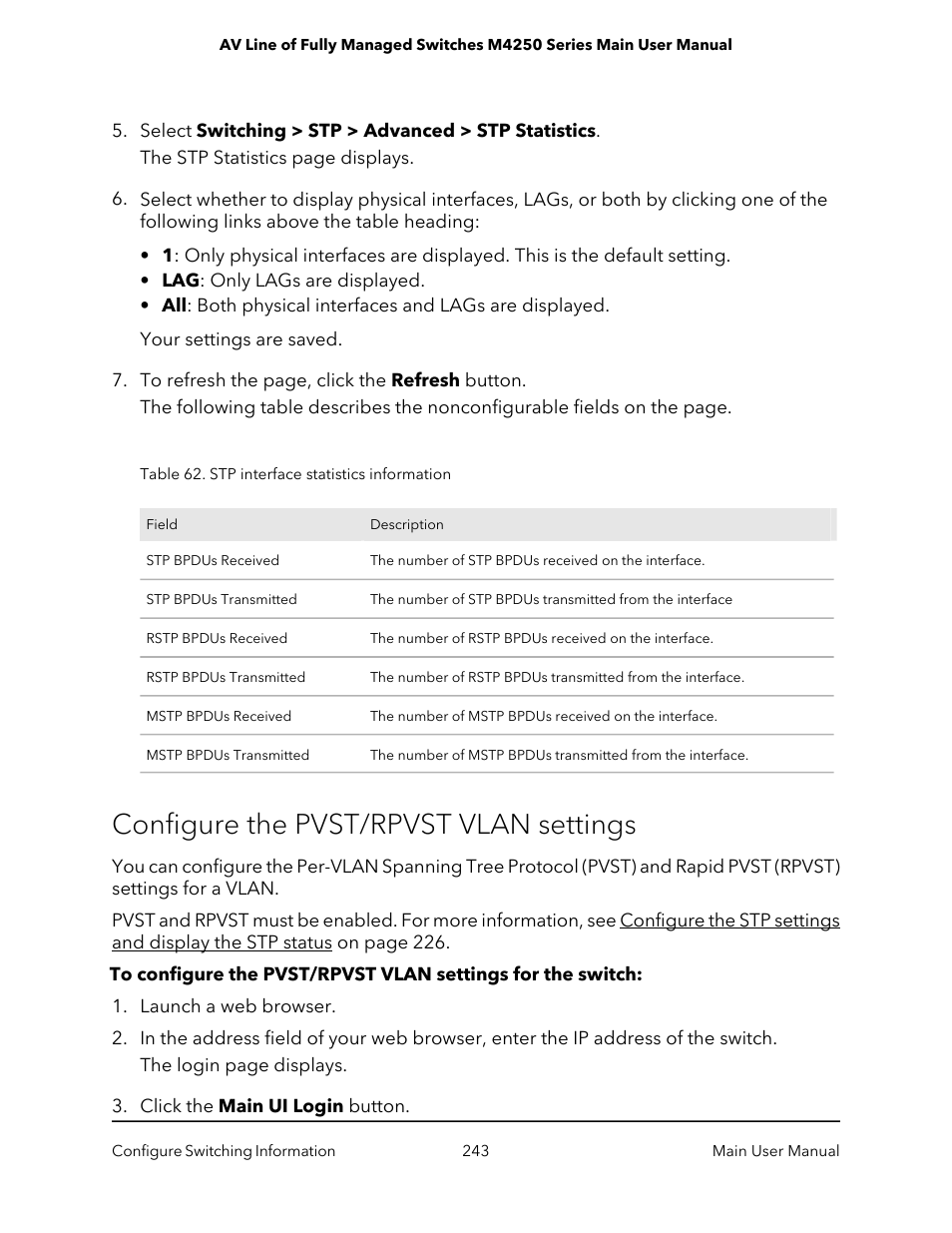 Configure the pvst/rpvst vlan settings | NETGEAR AV Line M4250 GSM4210PX 8-Port Gigabit PoE+ Compliant Managed AV Switch with SFP (220W) User Manual | Page 243 / 826