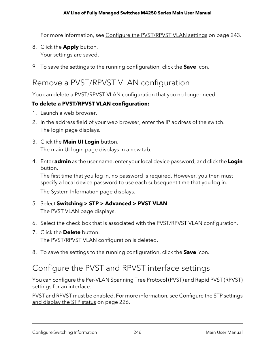 Remove a pvst/rpvst vlan configuration, Configure the pvst and rpvst interface settings | NETGEAR AV Line M4250 GSM4210PX 8-Port Gigabit PoE+ Compliant Managed AV Switch with SFP (220W) User Manual | Page 246 / 826