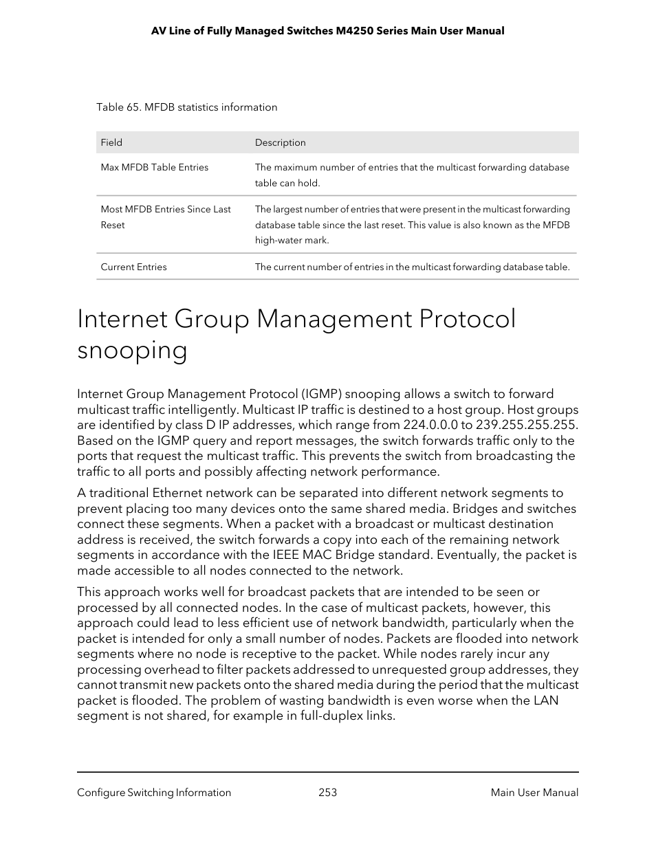 Internet group management protocol snooping | NETGEAR AV Line M4250 GSM4210PX 8-Port Gigabit PoE+ Compliant Managed AV Switch with SFP (220W) User Manual | Page 253 / 826