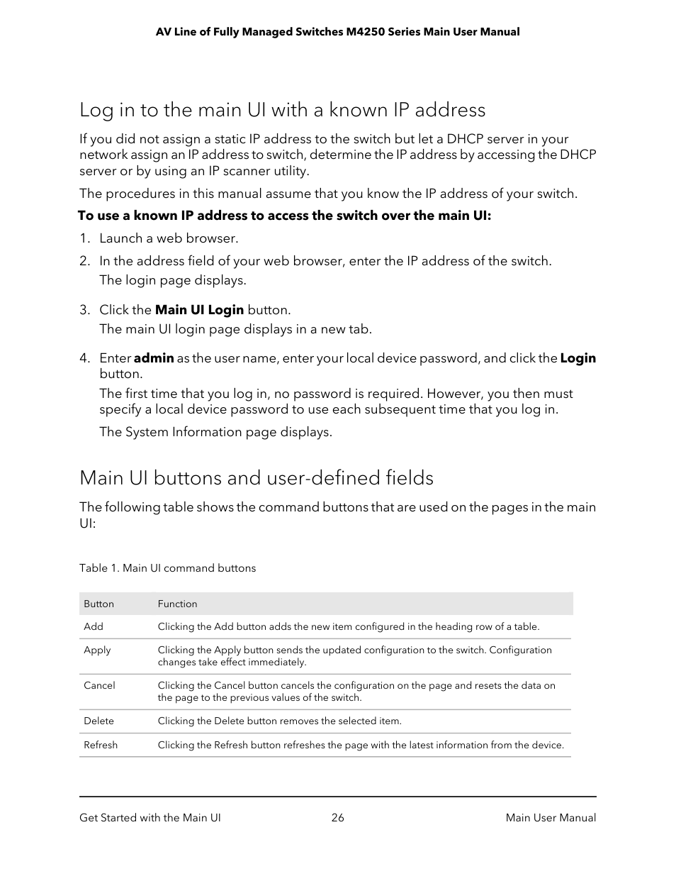 Log in to the main ui with a known ip address, Main ui buttons and user-defined fields | NETGEAR AV Line M4250 GSM4210PX 8-Port Gigabit PoE+ Compliant Managed AV Switch with SFP (220W) User Manual | Page 26 / 826