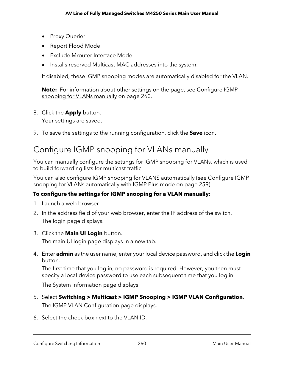 Configure igmp snooping for vlans manually | NETGEAR AV Line M4250 GSM4210PX 8-Port Gigabit PoE+ Compliant Managed AV Switch with SFP (220W) User Manual | Page 260 / 826