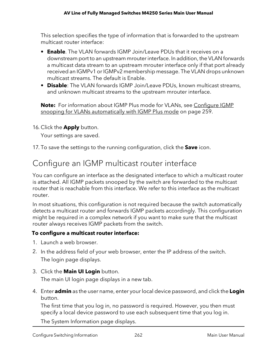 Configure an igmp multicast router interface | NETGEAR AV Line M4250 GSM4210PX 8-Port Gigabit PoE+ Compliant Managed AV Switch with SFP (220W) User Manual | Page 262 / 826