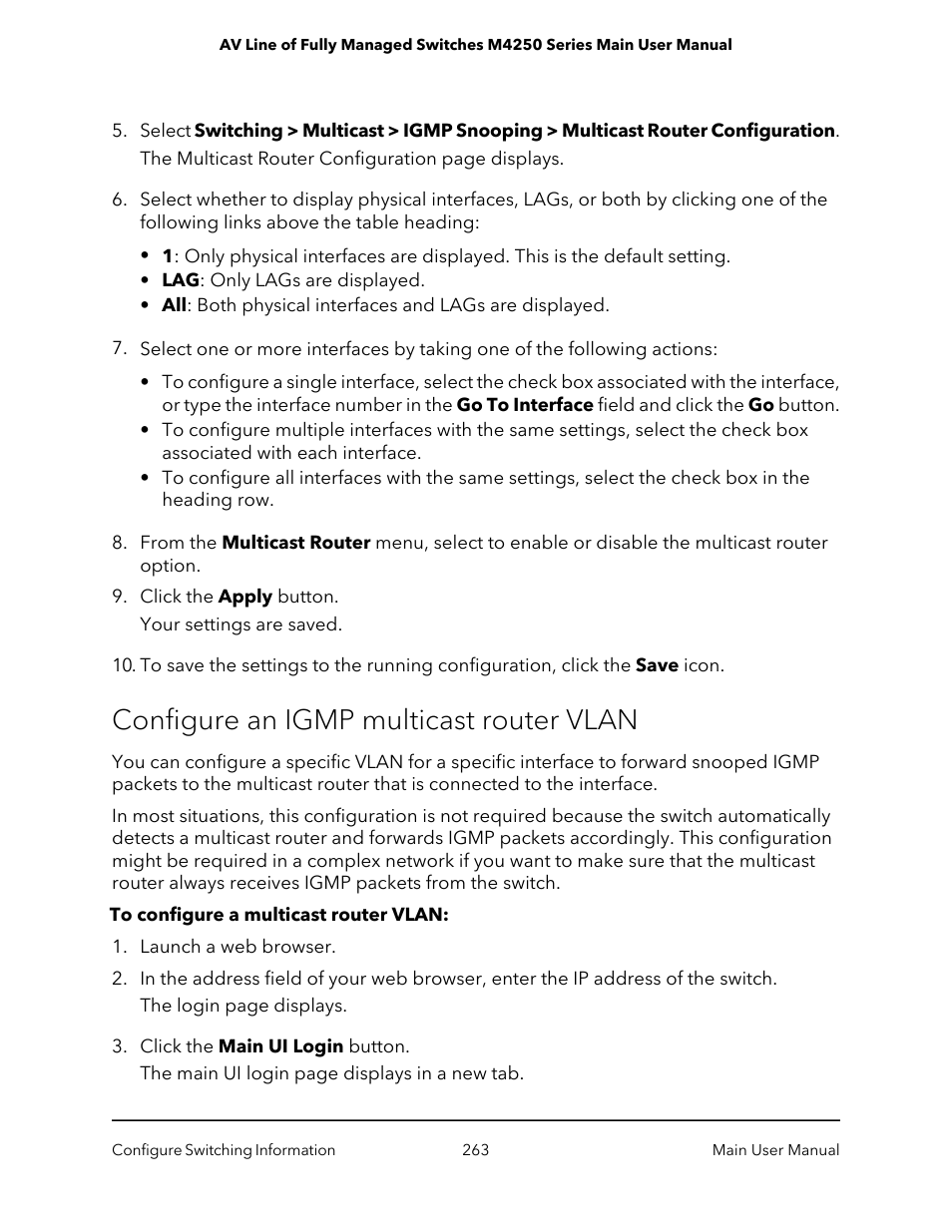 Configure an igmp multicast router vlan | NETGEAR AV Line M4250 GSM4210PX 8-Port Gigabit PoE+ Compliant Managed AV Switch with SFP (220W) User Manual | Page 263 / 826