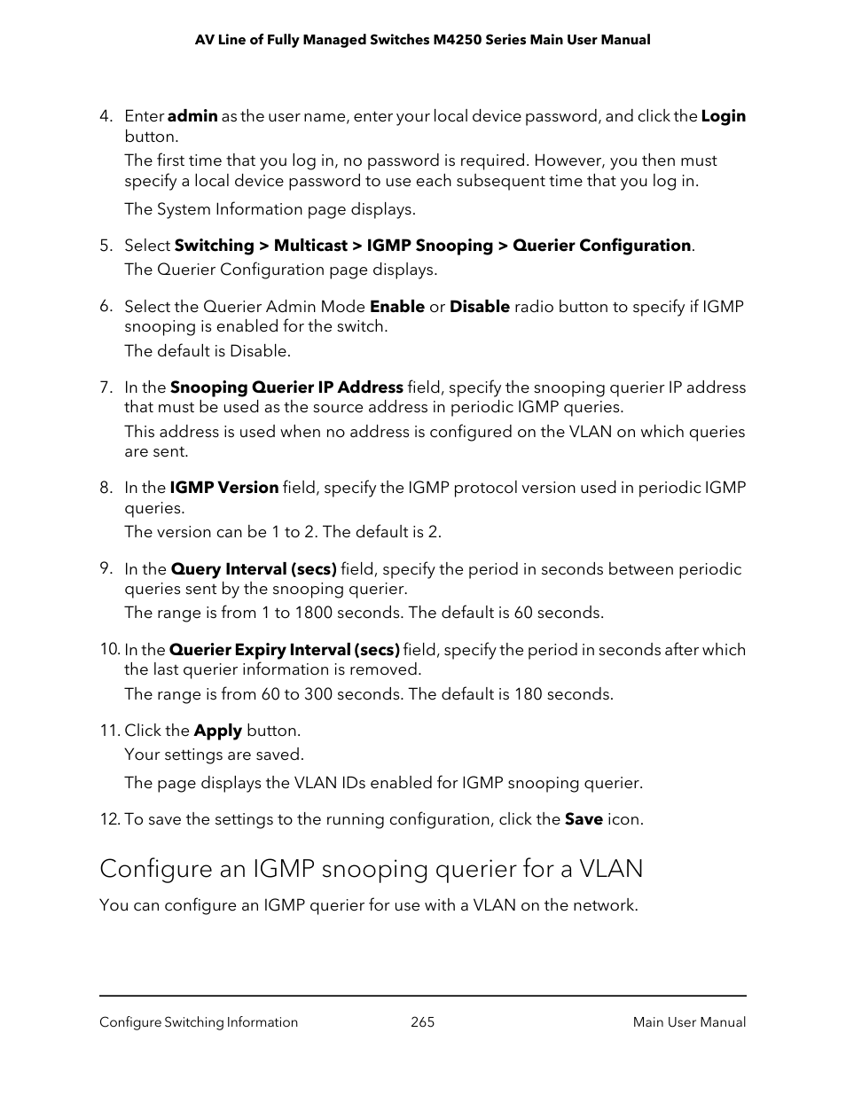 Configure an igmp snooping querier for a vlan | NETGEAR AV Line M4250 GSM4210PX 8-Port Gigabit PoE+ Compliant Managed AV Switch with SFP (220W) User Manual | Page 265 / 826