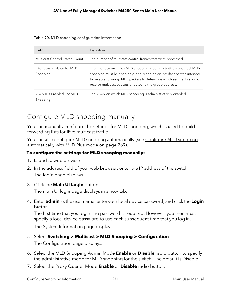 Configure mld snooping manually | NETGEAR AV Line M4250 GSM4210PX 8-Port Gigabit PoE+ Compliant Managed AV Switch with SFP (220W) User Manual | Page 271 / 826