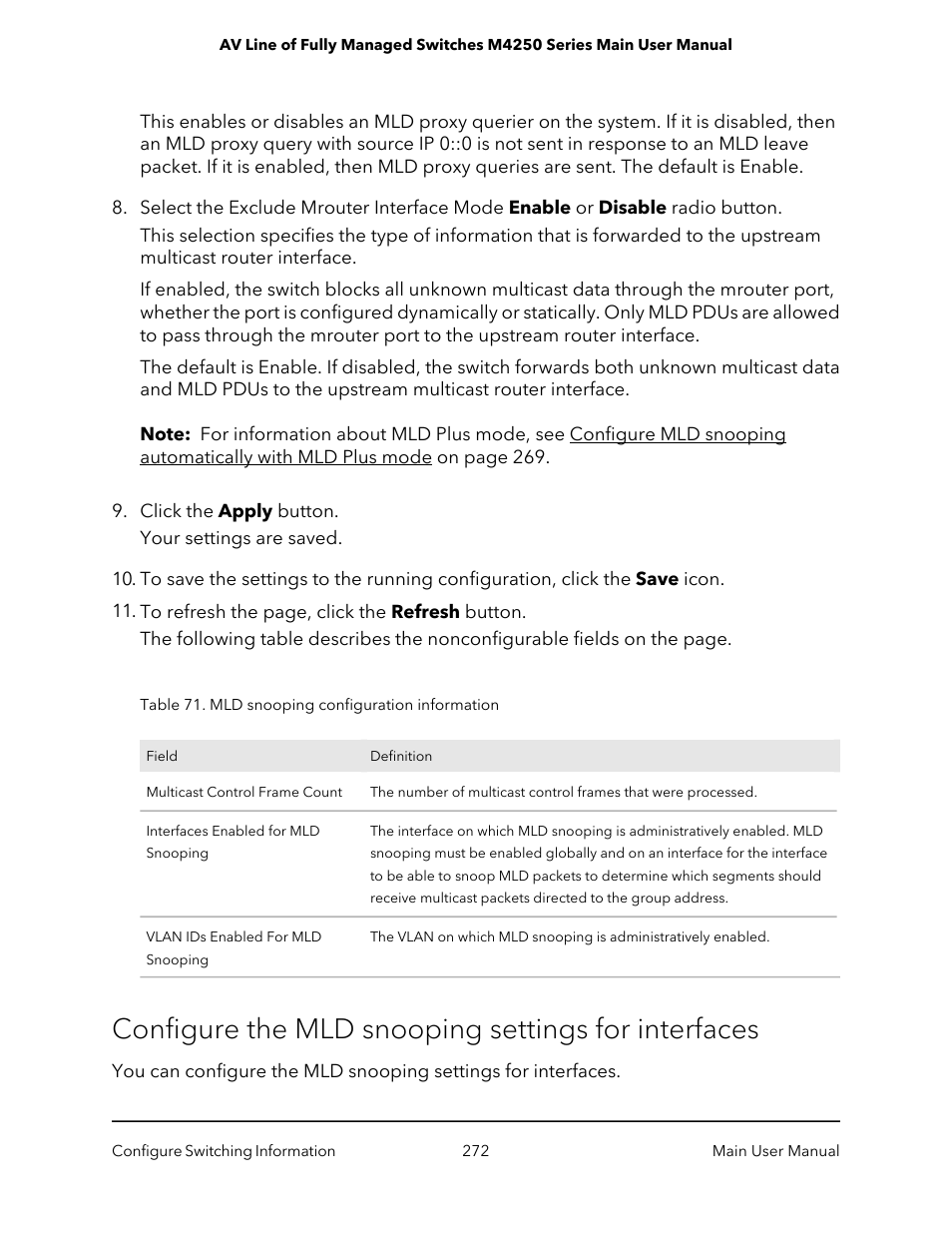 Configure the mld snooping settings for interfaces | NETGEAR AV Line M4250 GSM4210PX 8-Port Gigabit PoE+ Compliant Managed AV Switch with SFP (220W) User Manual | Page 272 / 826