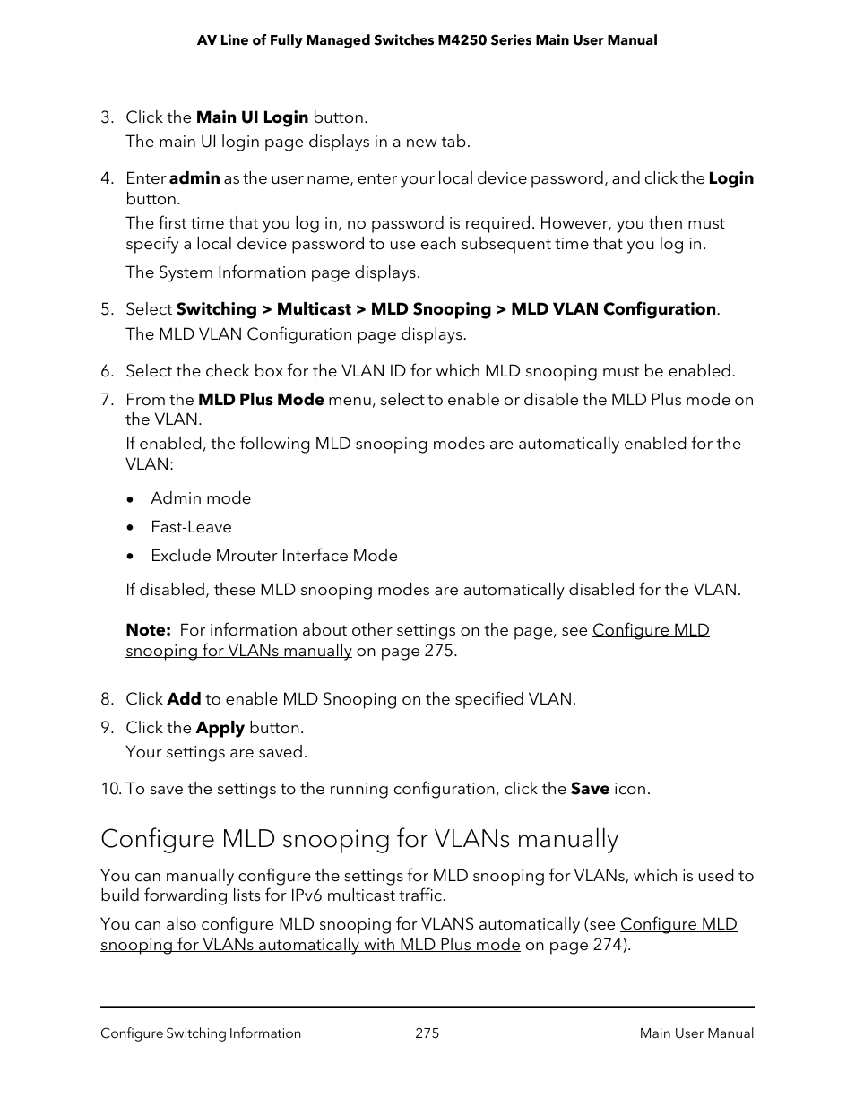 Configure mld snooping for vlans manually | NETGEAR AV Line M4250 GSM4210PX 8-Port Gigabit PoE+ Compliant Managed AV Switch with SFP (220W) User Manual | Page 275 / 826